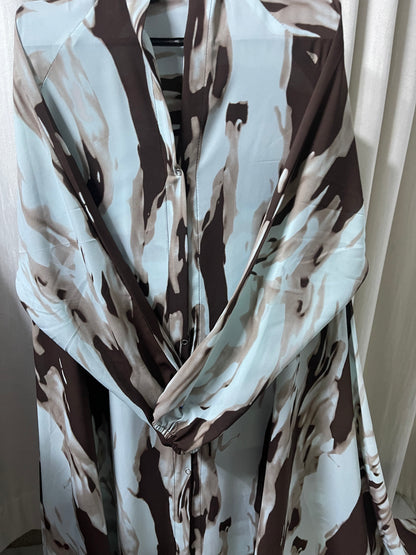 Long Flair Abaya Set - Whitesh Blue with Brown