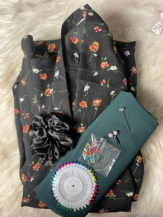 Long Flair Abaya Set - Black with flowers