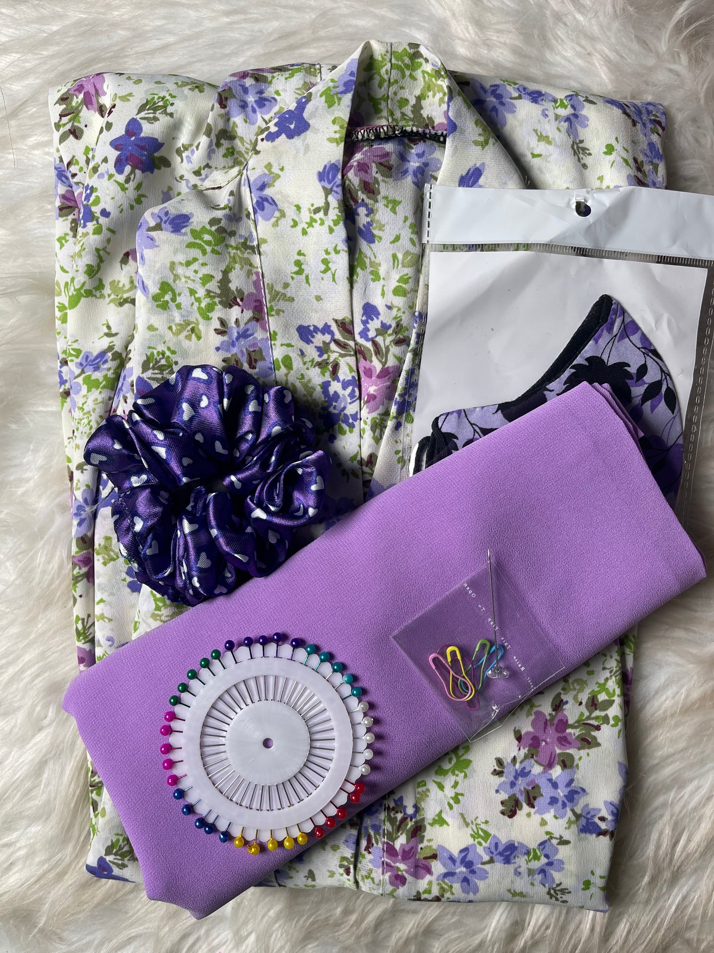 Printed Abaya - White with Light Purple and green combo