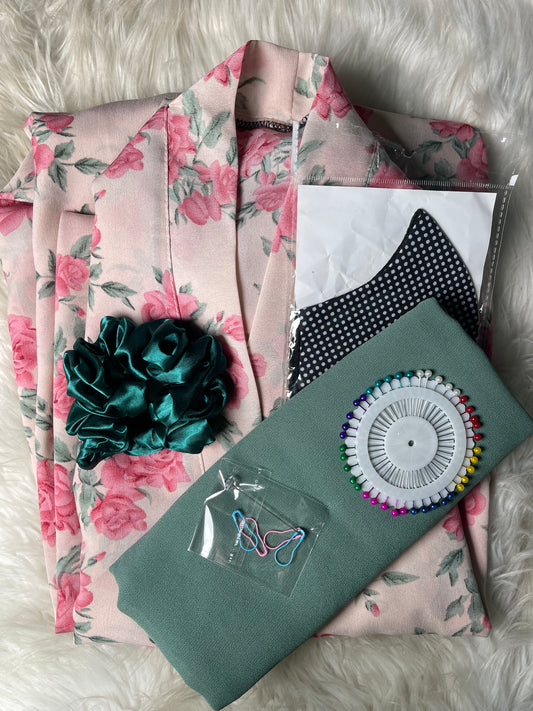 Printed Abaya - White Pink with Mint Pink Flowers