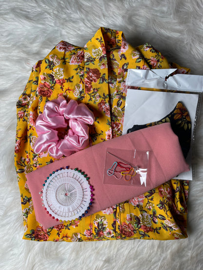 Printed Abaya - Mustard with pastel flowers