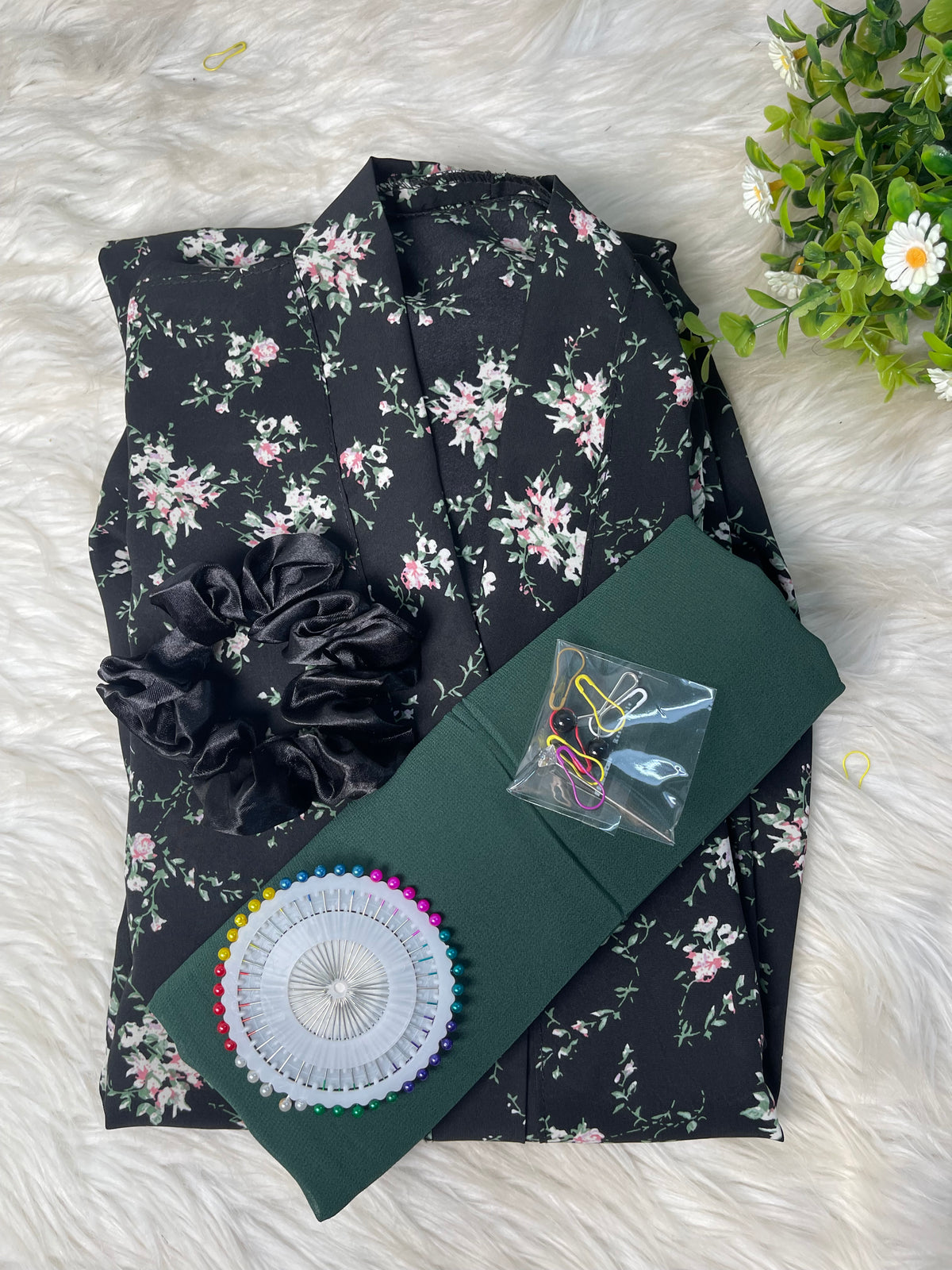 Black With Green pink Flowers