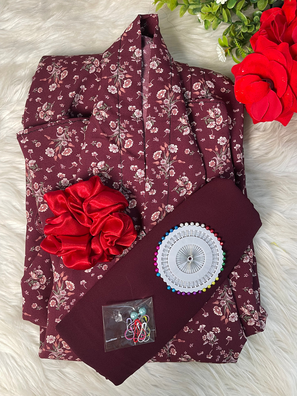 Long Flair Abaya Set - Maroon with flowers