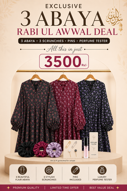 Rabi Ul Awwal Abaya Deal 2 | 3 Printed Long Flair Abaya's