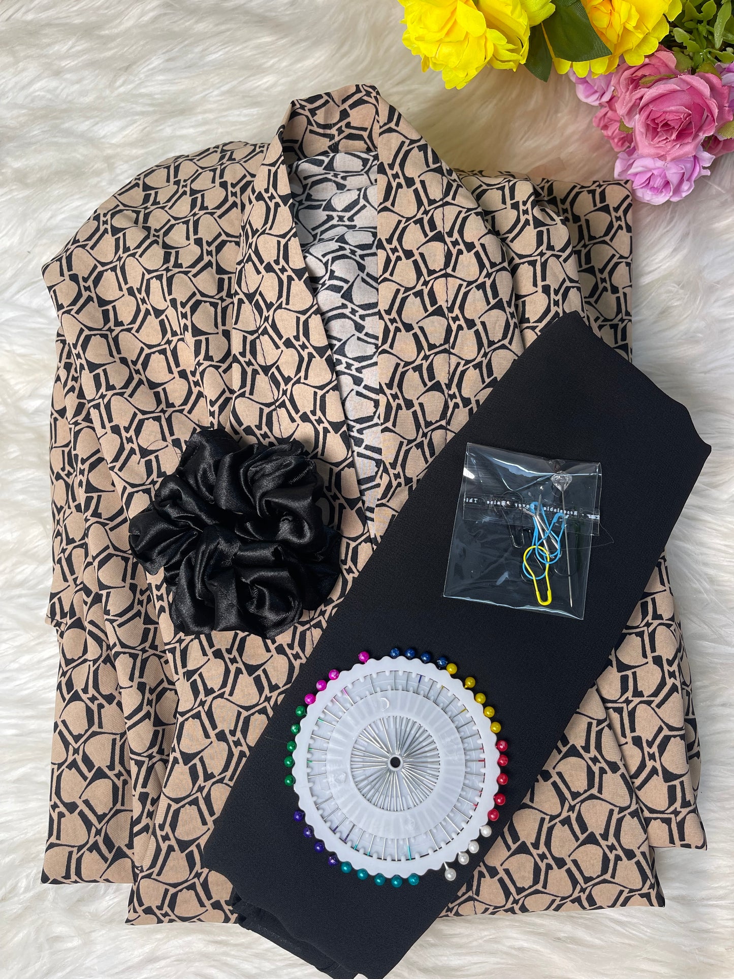 Long Flair Abaya Set - Beige With Black