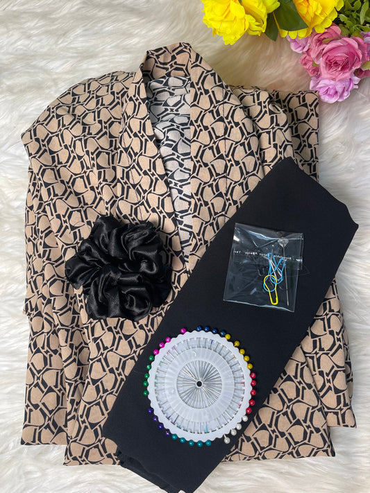 Long Flair Abaya Set - Beige With Black