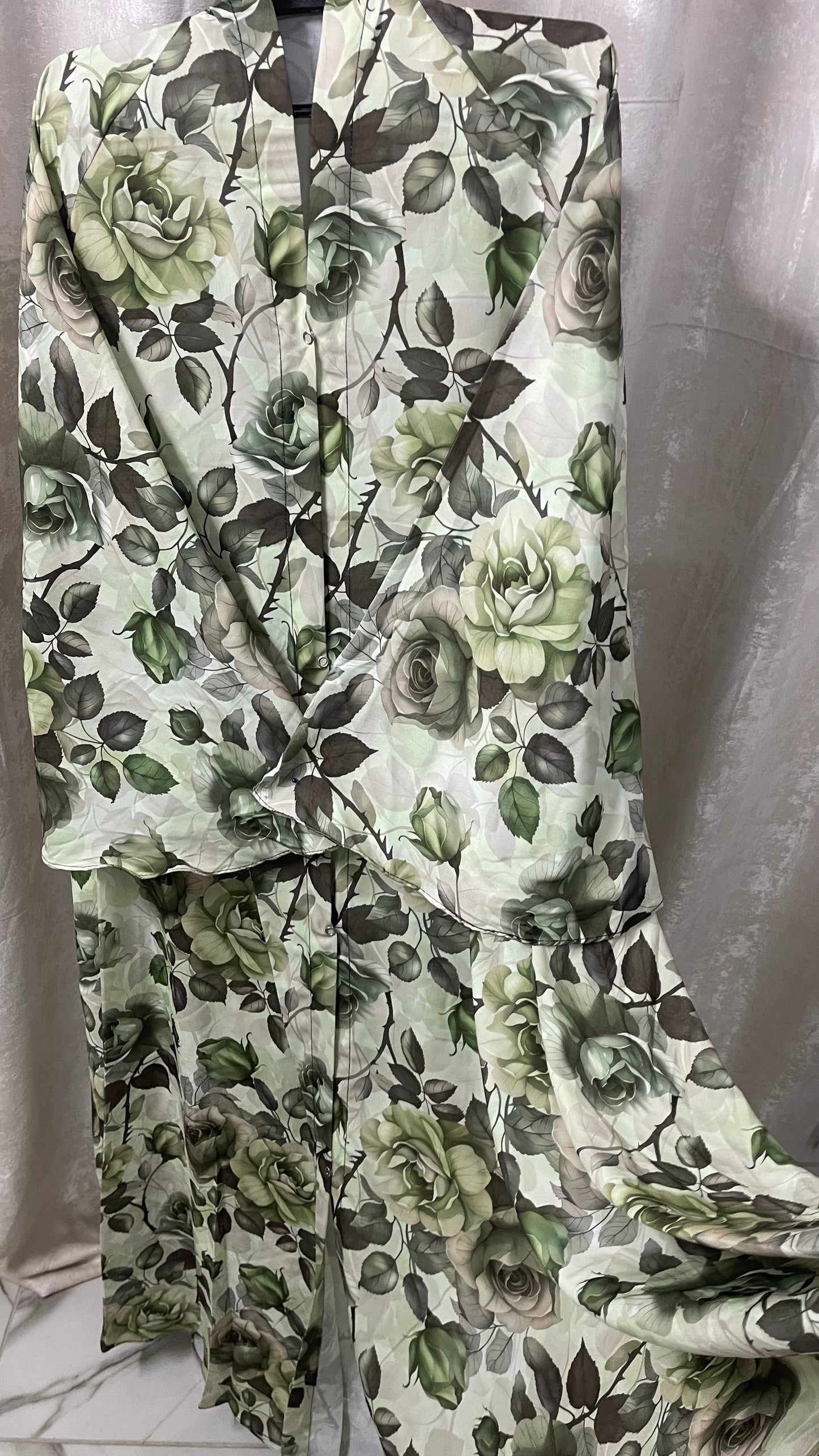 Long Flair Abaya Set - Green Leaves