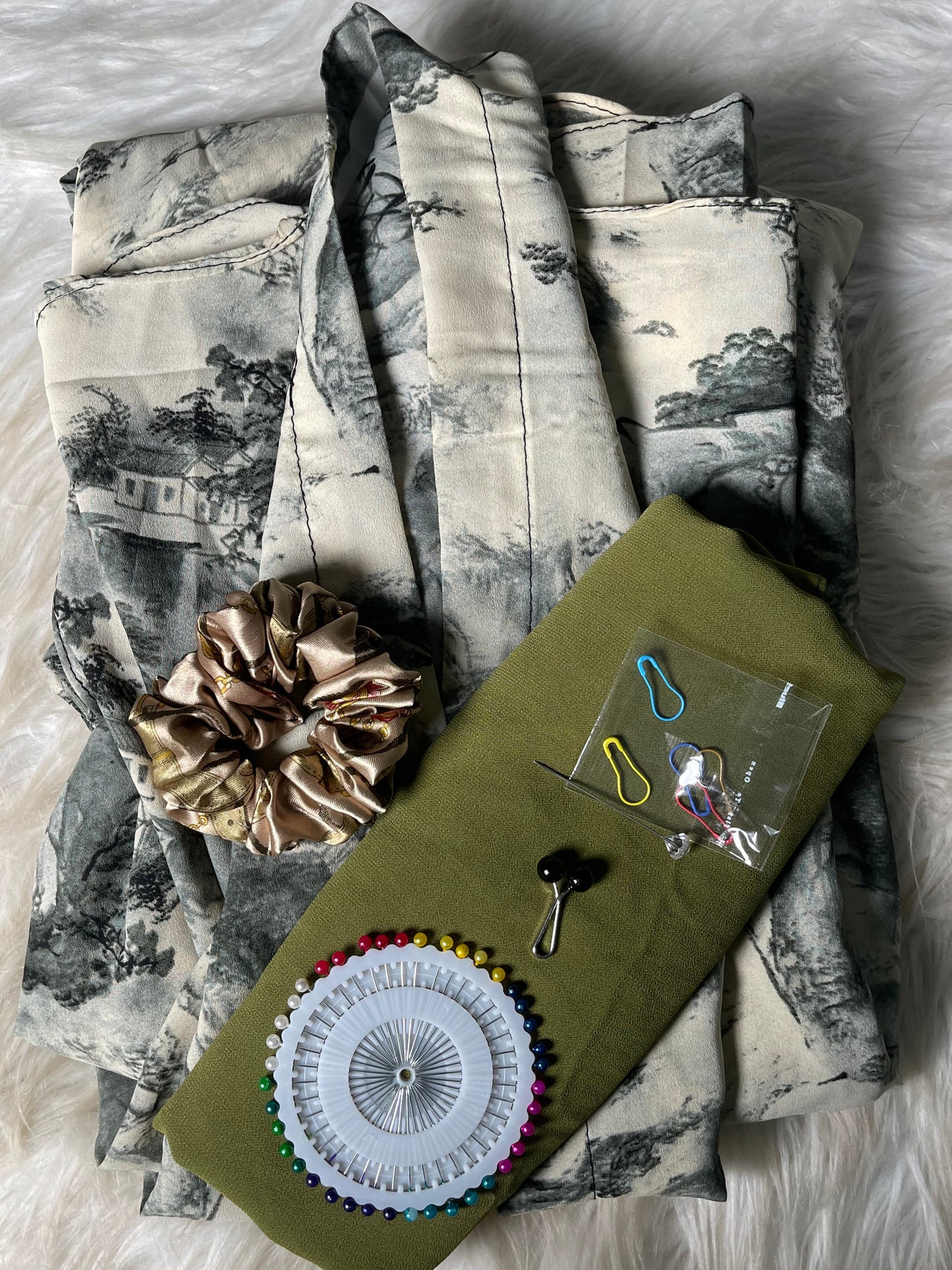 Long Flair Abaya Set -Beige with grey green