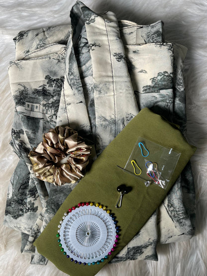 Long Flair Abaya Set -Beige with grey green