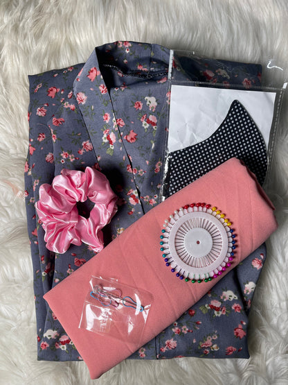 Printed Abaya - Grey with Pastel flowers