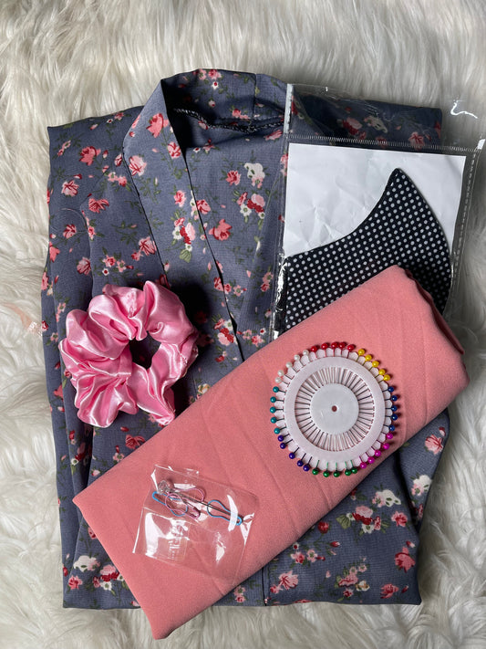 Printed Abaya - Grey with Pastel flowers