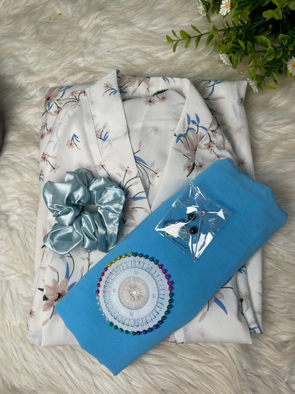White with blue pink flowers