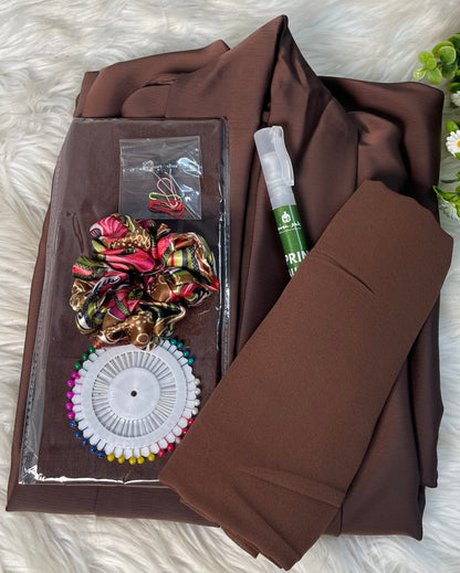 Tiktok Fabric Turkish Style Abaya Set - Dark Brown