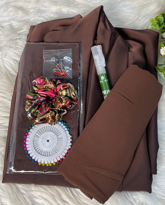 Tiktok Fabric Turkish Style Abaya Set - Dark Brown