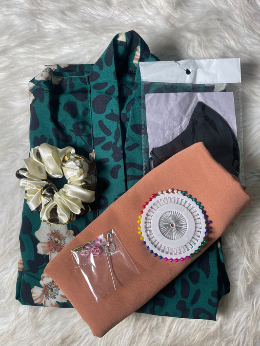 Printed Abaya - Dark Green with soft light brown
