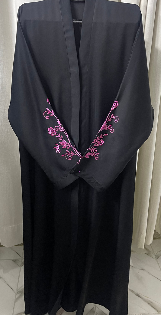 Black Abaya With Flower Pink Embriodery sleeves