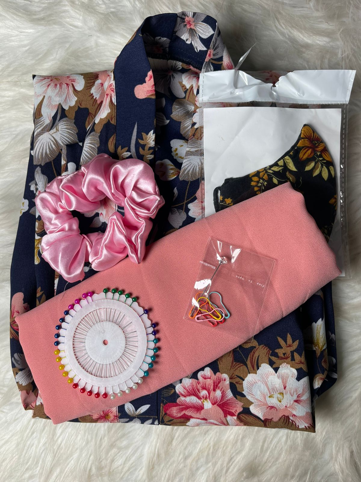 Printed Abaya - Dark blue with pastel flowers