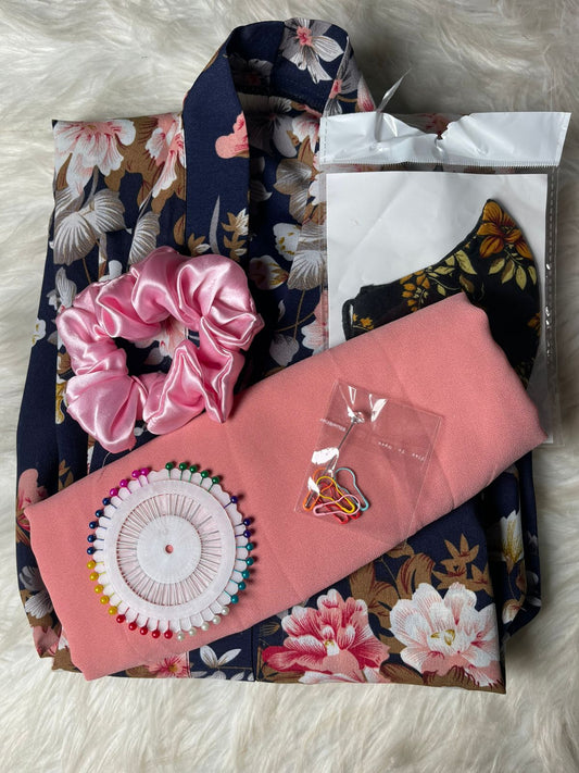 Printed Abaya - Dark blue with pastel flowers