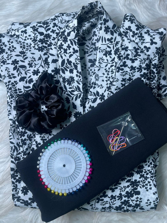 Printed Abaya - White with Black Flowers