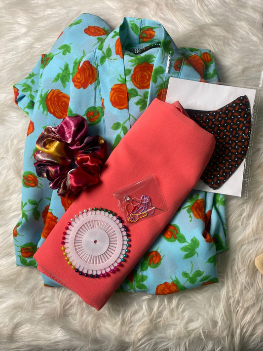 Printed Abaya - Sky Blue with Orange Flowers