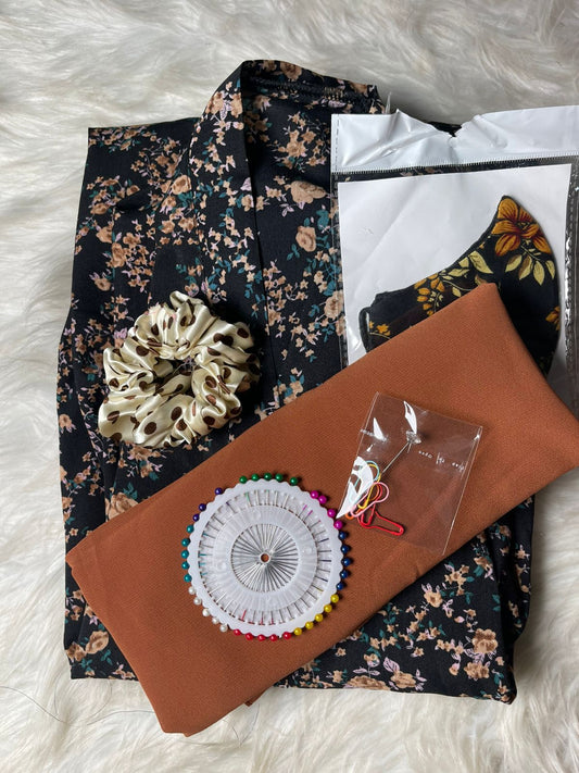 Printed Abaya - Black With Chocalate Flowers