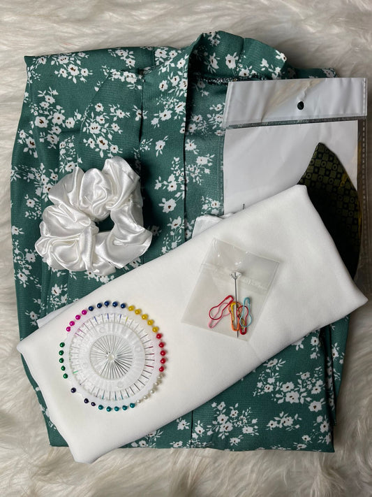 Printed Abaya - Green With White Flowers