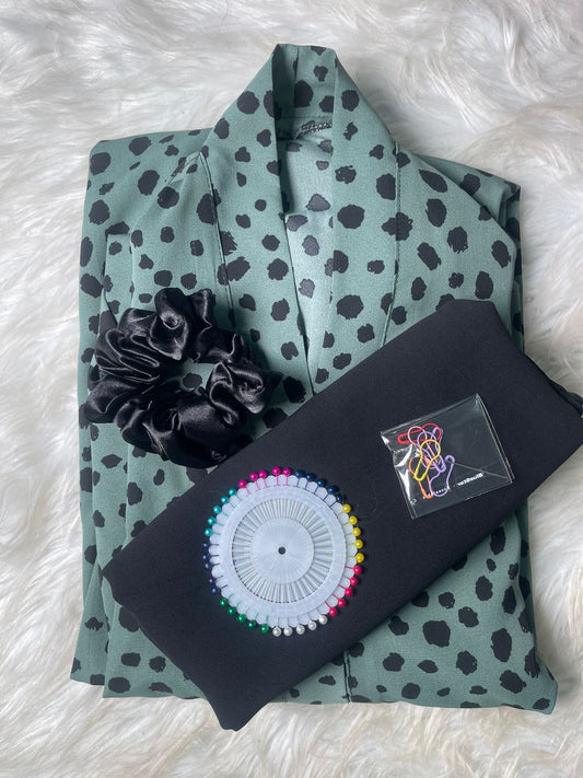 Printed Abaya - Army Green With Black Cheeta Print