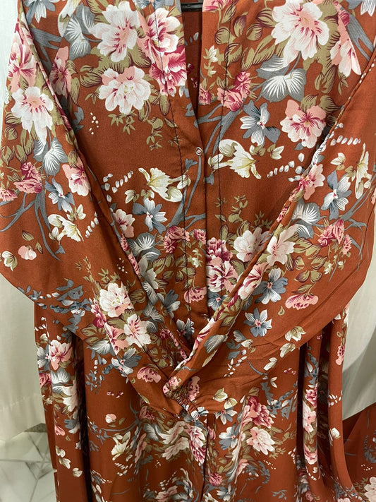 Long Flair Abaya - Orange with flowers