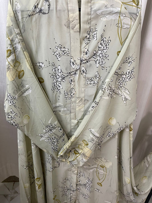 Long Flair Abaya - PISTA GREEN  WITH FLOWERS COMBO