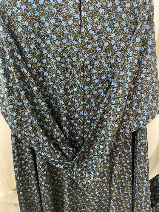 Long Flair Abaya - Olive green with blue flowers