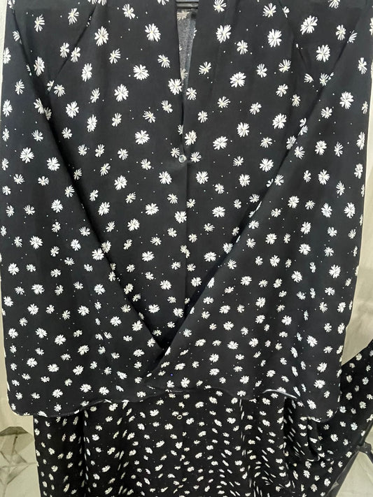 Long Flair Abaya - Black with white flowers