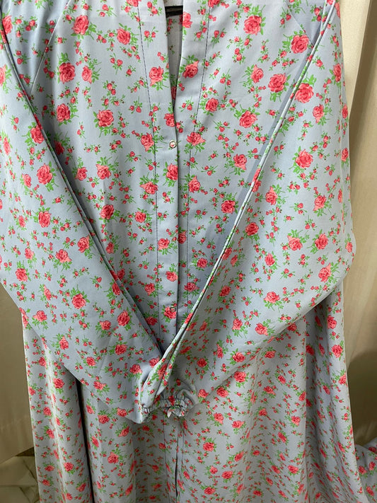 Long Flair Abaya - Sky blue with pink flowers