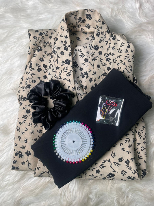 Printed Abaya - Beige with Black Flowers