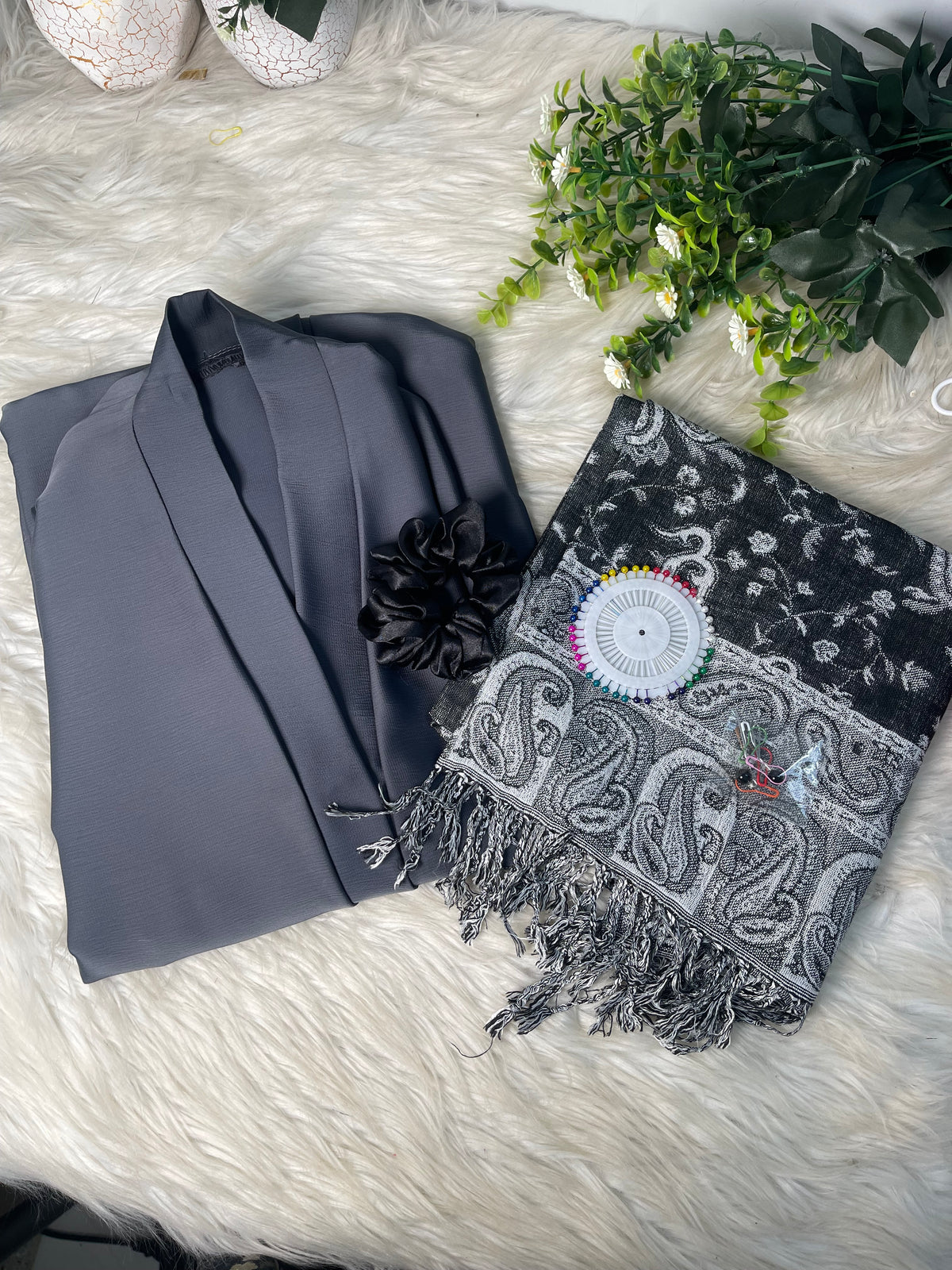 Tiktok Fabric Pashmina Abaya Set - Dark Grey