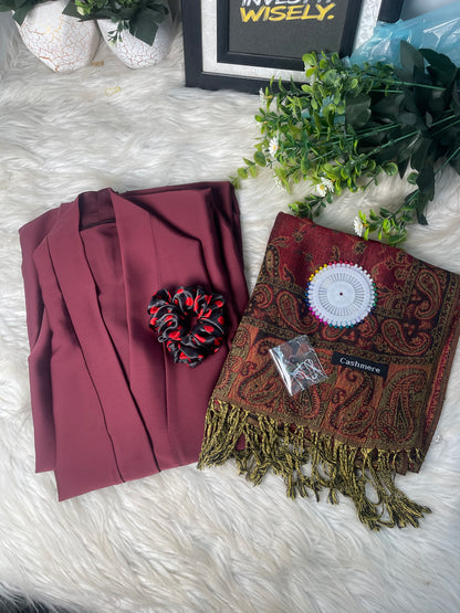 Tiktok Fabric Pashmina Abaya Set - Maroon