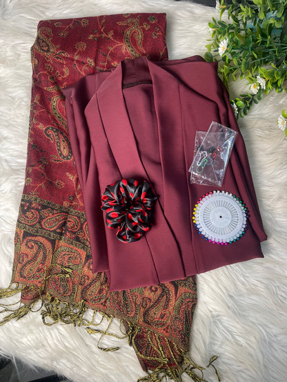 Tiktok Fabric Pashmina Abaya Set - Maroon