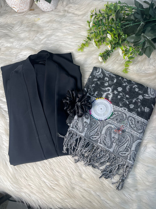 Tiktok Fabric Pashmina Abaya Set - Black