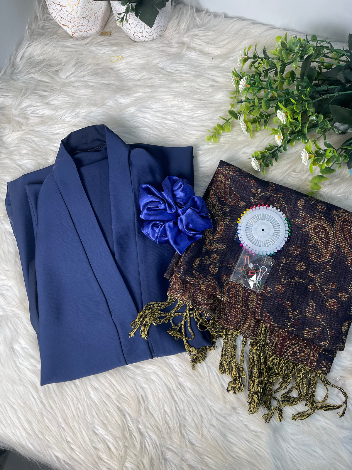 Tiktok Fabric Pashmina Abaya Set - Navy