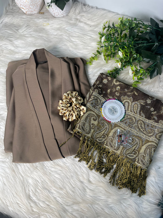 Tiktok Fabric Pashmina Abaya Set - khaki