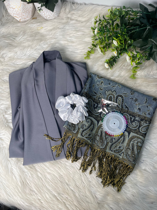 Tiktok Fabric Pashmina Abaya Set - Matte Grey